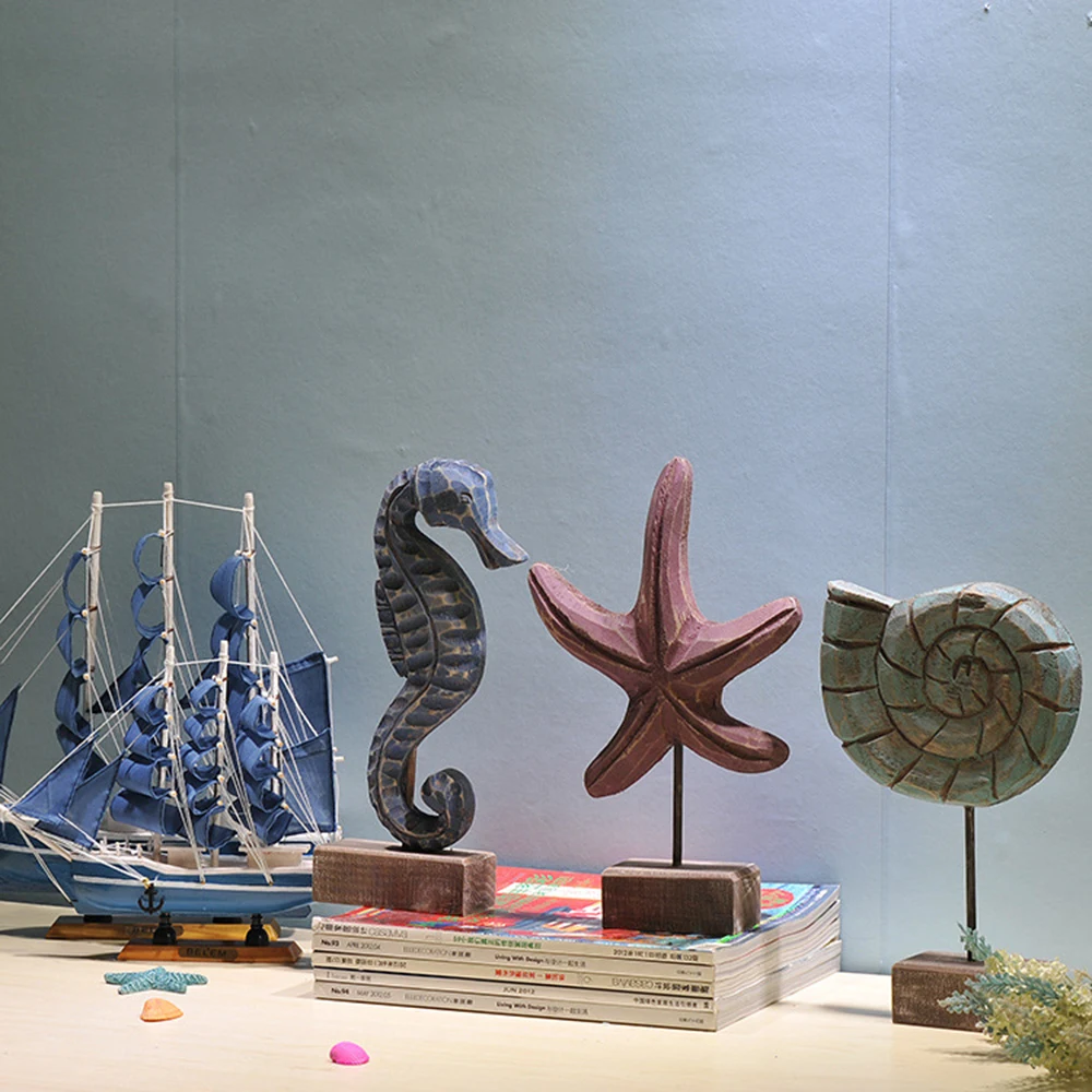 

2022 Newest Mediterranean Style Wood Crafts Starfish Conch Hippocampus Wood Carving Marine Home Decor