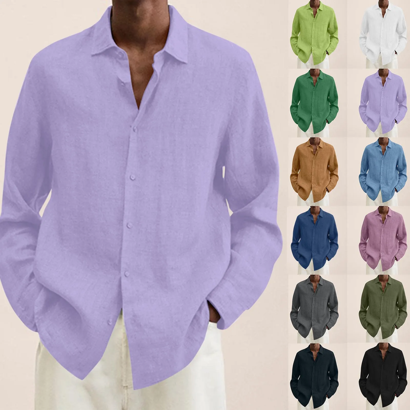 

Male Summer Cotton Linen Solid Casual Loose Shirt Mens Turn Down Collar Long Sleeve Shirt Large Men's Shirts