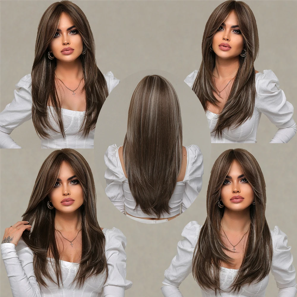Длинные прямые синтетические парики HAIRCUBE коричневые смешанные белые блестящие