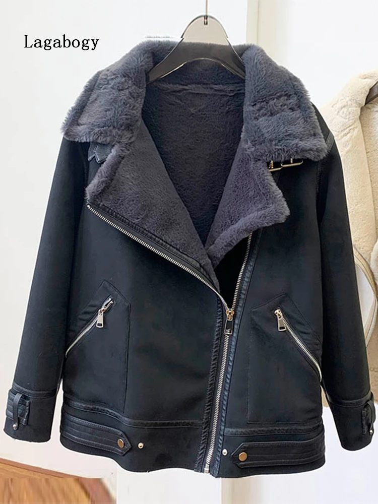 Lagabogy Winter Women Oversized Rabbit Wool Fur Splicing Faux Leather Short Jacket Female Thick Biker PU Coat Snow Warm Outwear