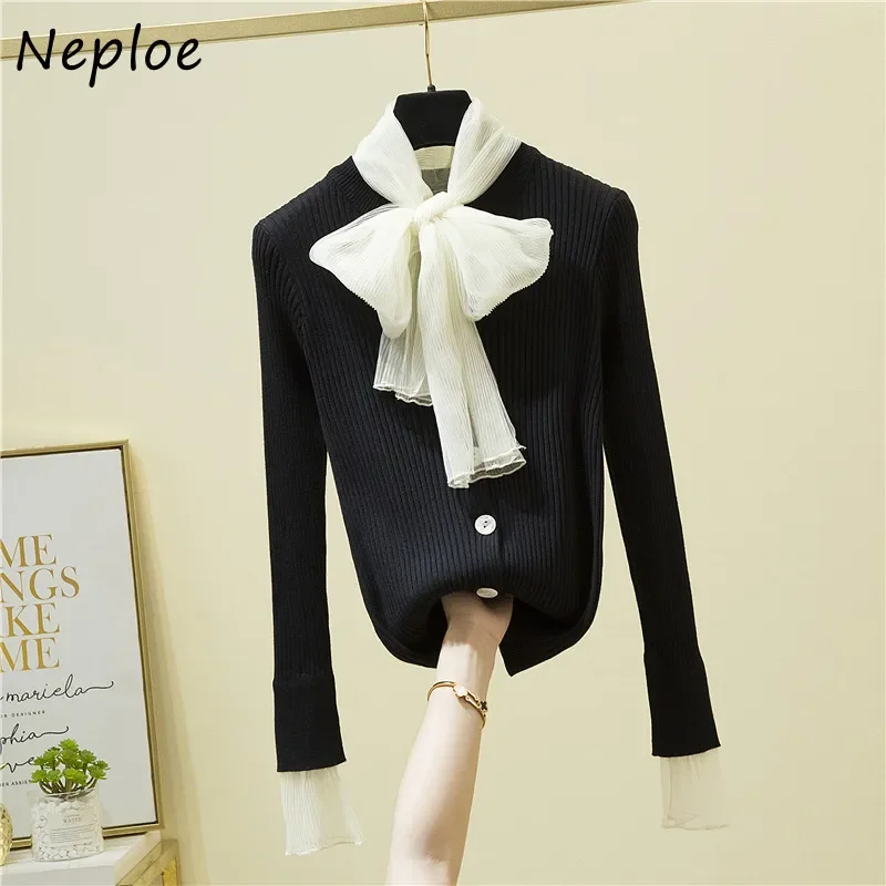 

NEW 2023 Lace Mesh Stitching Knitted Tops Mujer Long Sleeve Ladies Woman Sweaters Long Sleeve Bottoming Shirt Pullover