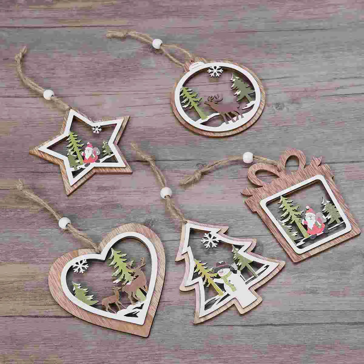 

5pcs Christmas Ornaments Hollow Out Wooden Hanging Pendant Party Supplies for Shopping Mall Home Office Cafe Restaurant Store