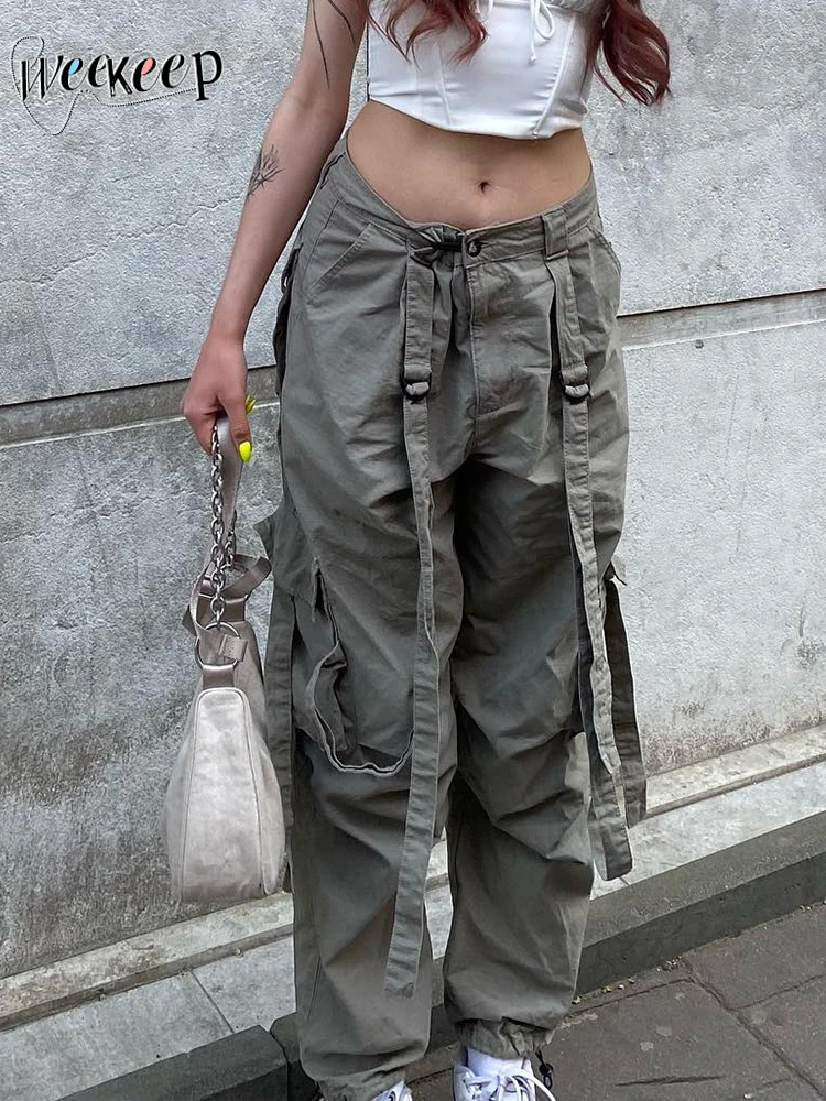 

Weekeep/серые джинсы-карго с лентой, винтажные уличные повседневные штаны с низкой посадкой, гранж, Harajuku, женские спортивные штаны, джинсовые бр...