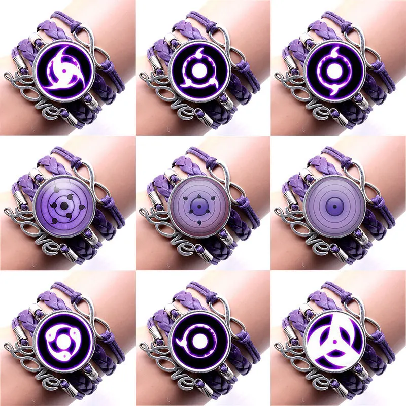 

Kawaii Anime Uzumaki Hatake Kakashi Naruto Writing Wheel Eye Time Gem Leather Bracelet Braided Size Adjustable Jewelry