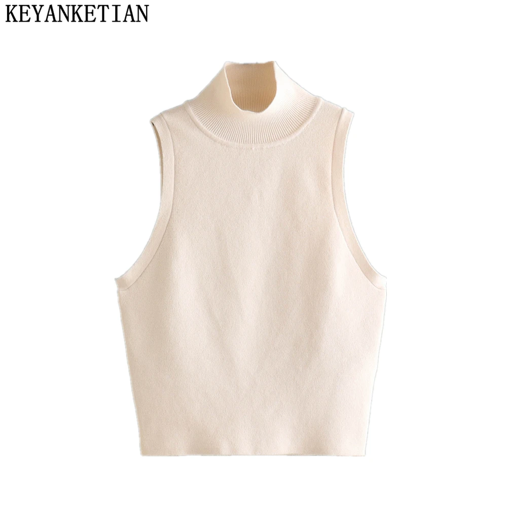 Женский трикотажный свитер-водолазка без рукавов KEYANKETIAN ZA TRAF облегающий