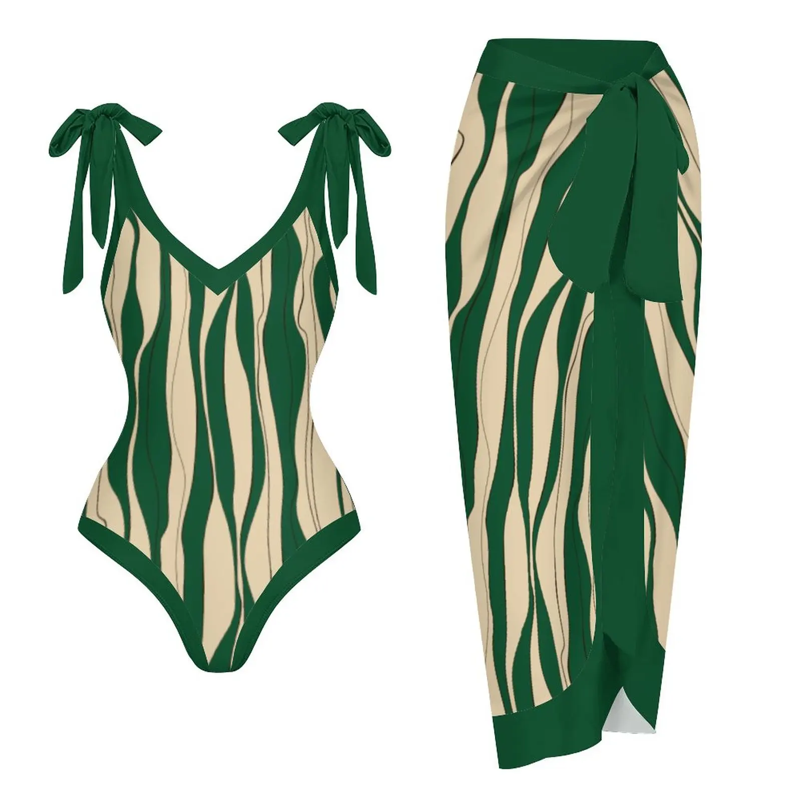 

One Piece Green Printed Swimsuit V-Neck Lace up Shoulder Strap Swimsuit Summer Women's Swimwear Beach Vacation