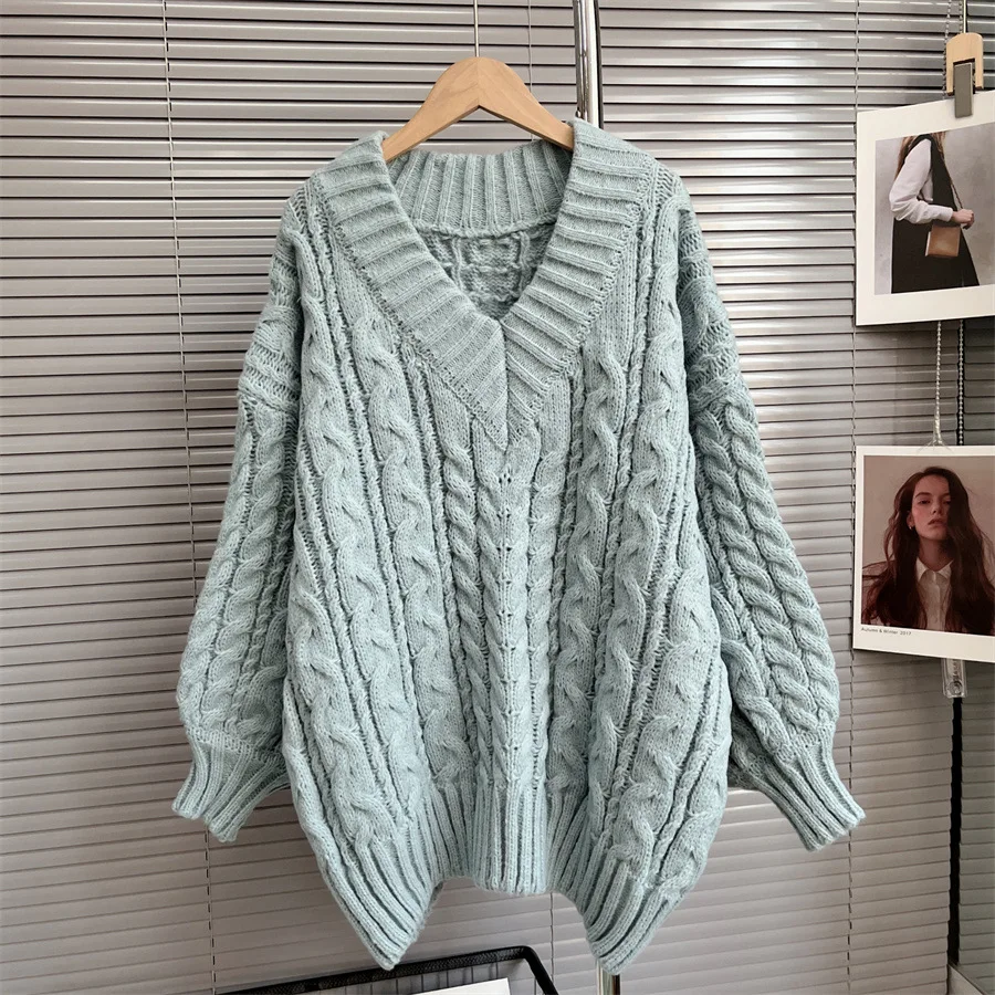 

blue thick needle Fried Dough Twists knitting v-neck thickened medium long pullover sweater for women in autumn and winter