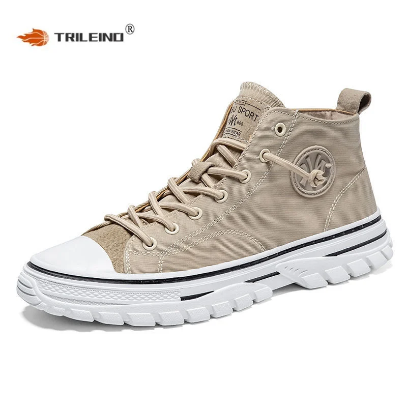 

Men High Top Canvas Shoes Boys Breathable Lace-up Sneakers Youth Platform Beige Black Gray Nonslip Designer Vulcanized Footwear