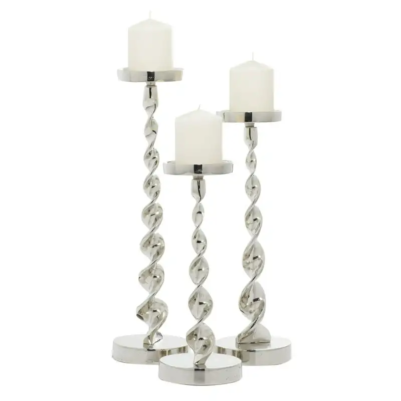 

Aluminum Coastal Barley Twist Designed Candleholder Set of 3, 19", 16", 13" H, with High Gloss Silver and Slight Distressed Fini