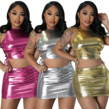 Wishyear Summer Shiny Metallic Baddie Women Outfit Crop Top Mini Skirt Sexy Night Club Party Rave New In Matching 2 Piece Set 1