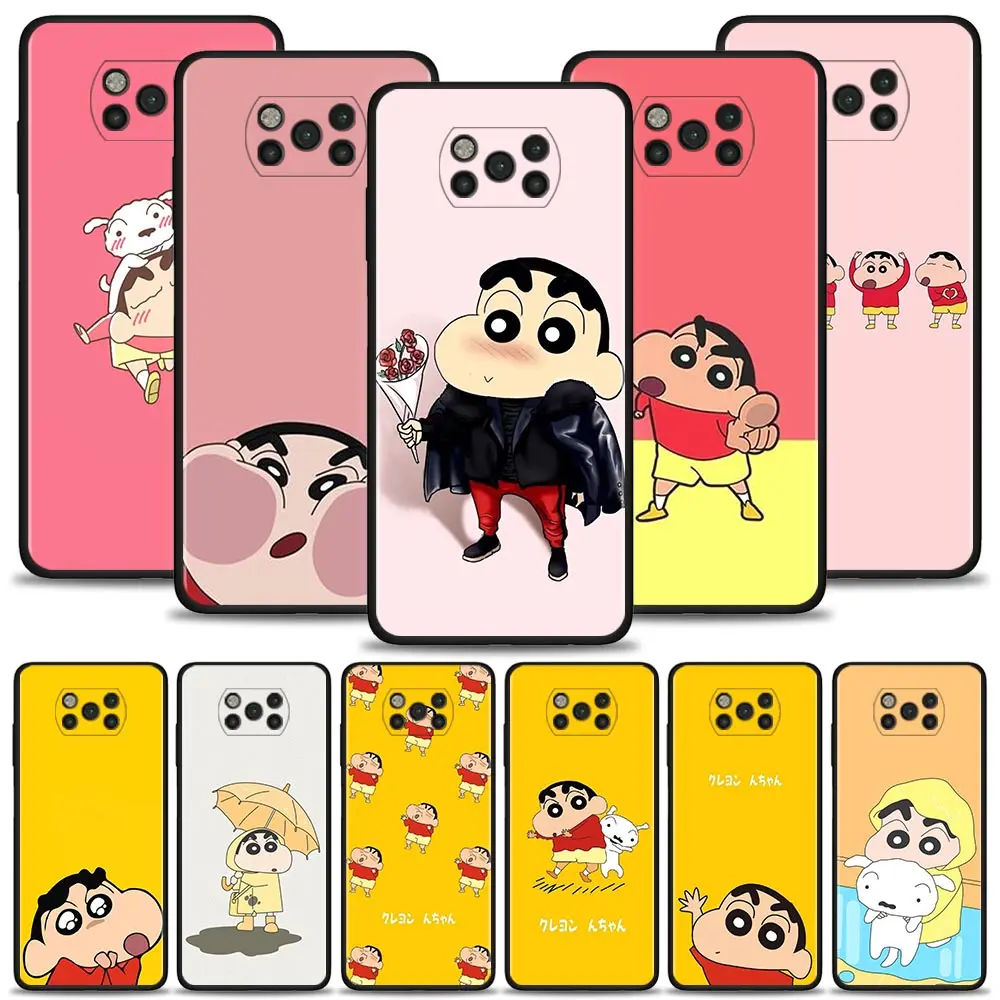 

For Xiaomi Poco X3 NFC M3 M4 Pro Case for Mi 12 Pro 12X 11 10T Note 10 A2 Lite 9 SE 9T Cartoon Crayon Shin Chan Take Flowers