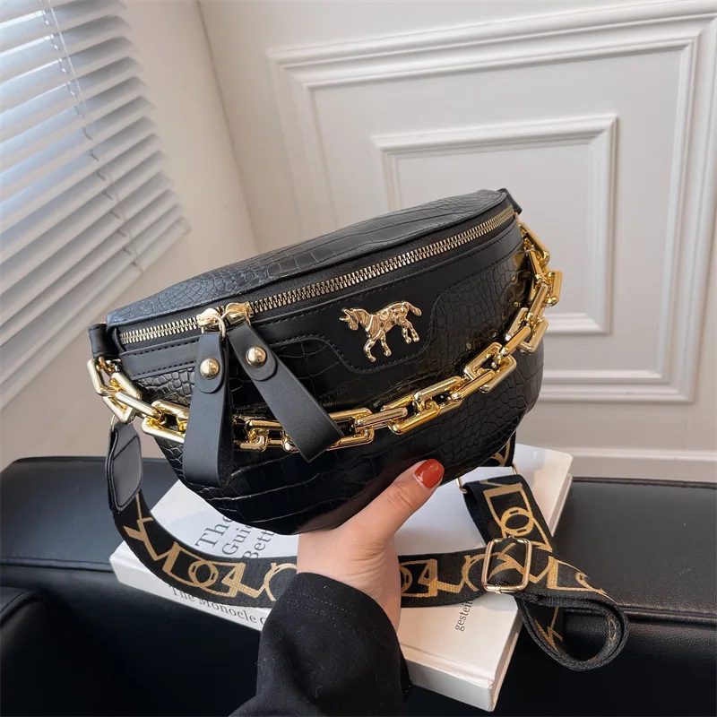 

Luxury Thick Chain Chest Bags For Women Fanny Pack PU Leather Female Brand Alligator Pattern Shoulder Crossbody Bags