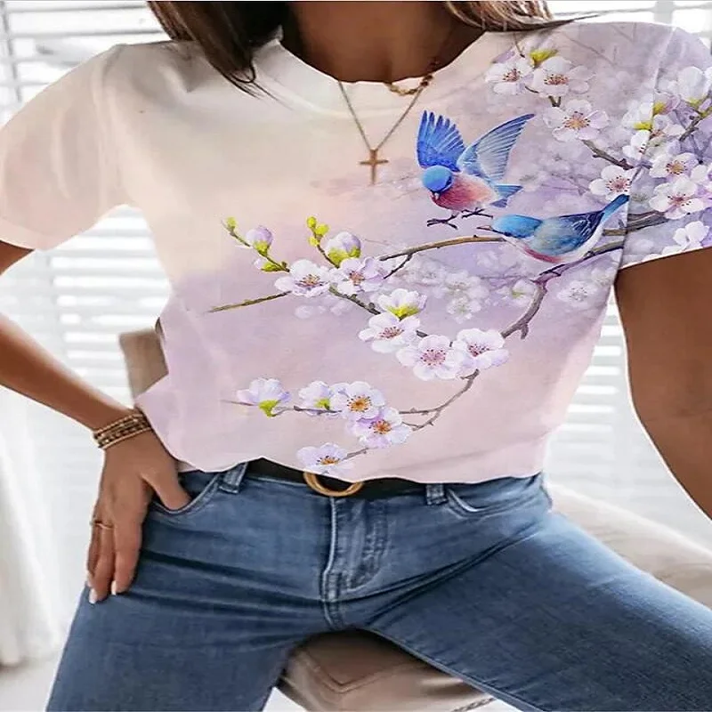 

Flower and bird pattern women's short-sleeved top daily casual 2022 summer new O-neck oversized T-shirt