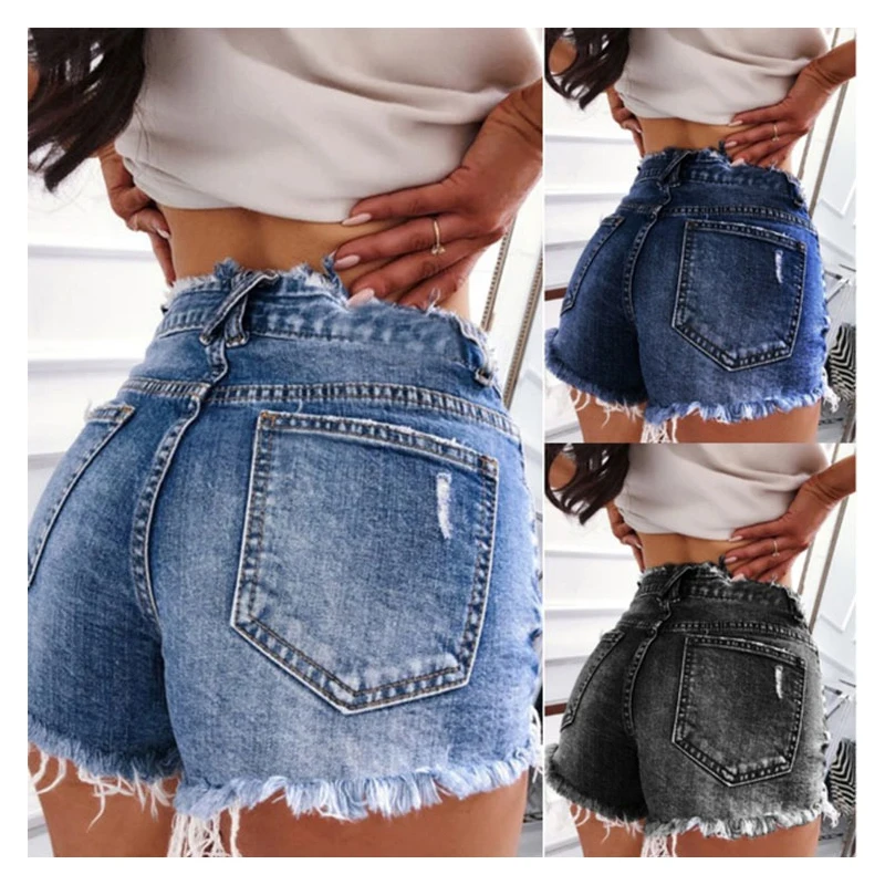 Solid Color Vintage Jeans Sexy Tight Ripped Women Denim Shorts Wide Leg Mid Waist Female Summer Casual Slim Bouncy Hot Short