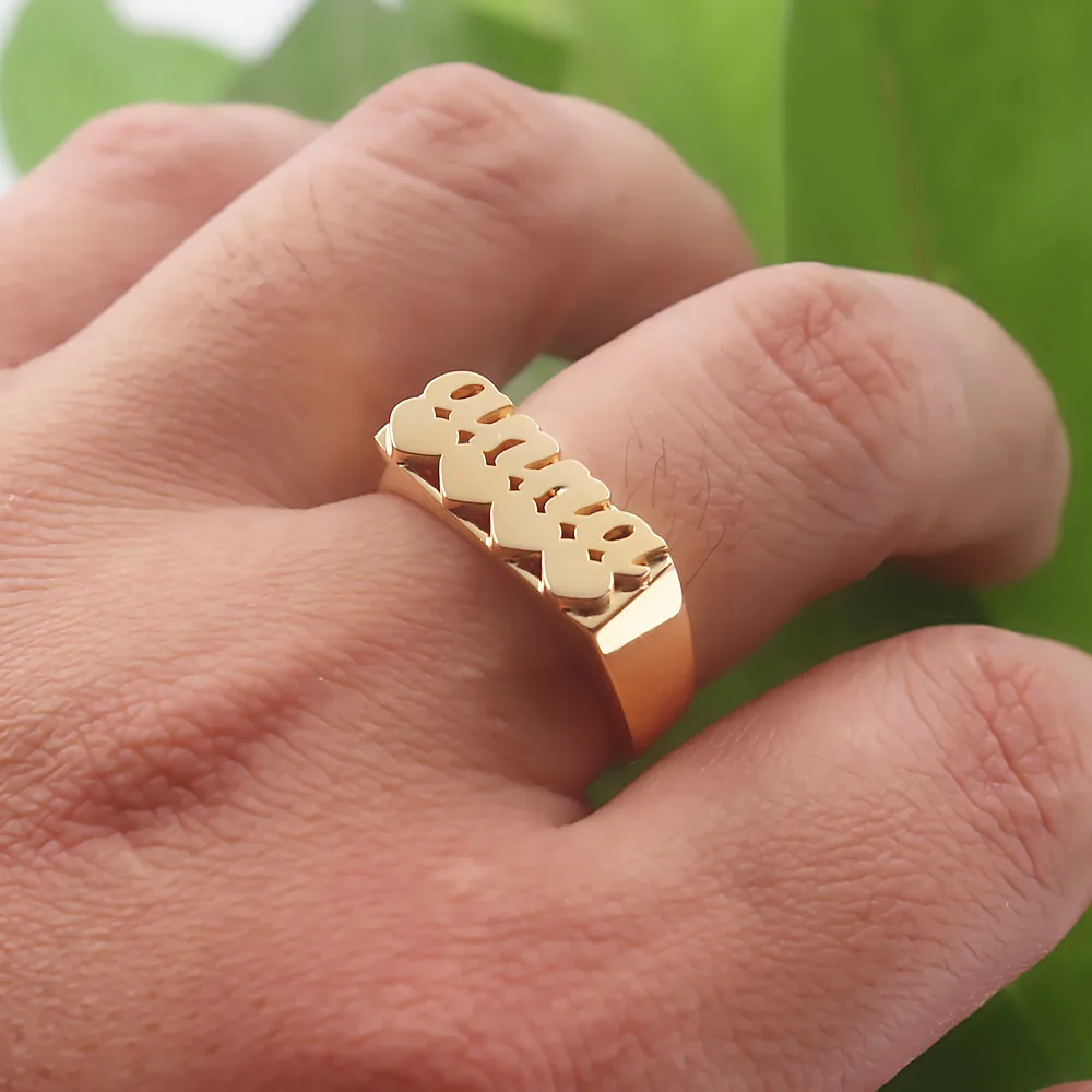 Chunky Name Heart Rings Personalized Jewelry Custom Name Rings For Mom Handmade Bijoux Femme Anillos Mujer Best Friends Gift