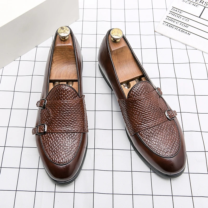 

Loafers Men Shoes British Snake Pattern PU Classic Monk Double Buckle One Pedal Fashion Casual Wedding Daily Dress Shoes CP355