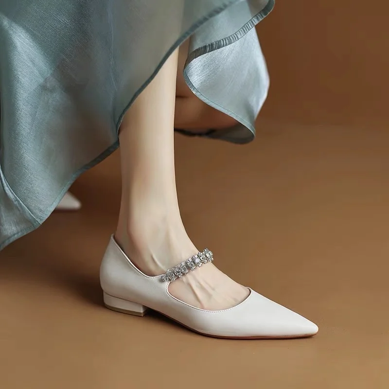 

Женские туфли Стразы с острым носком, Туфли Мэри Джейн на плоской подошве, осень 2022, кожаные туфли на толстом каблуке, женская обувь