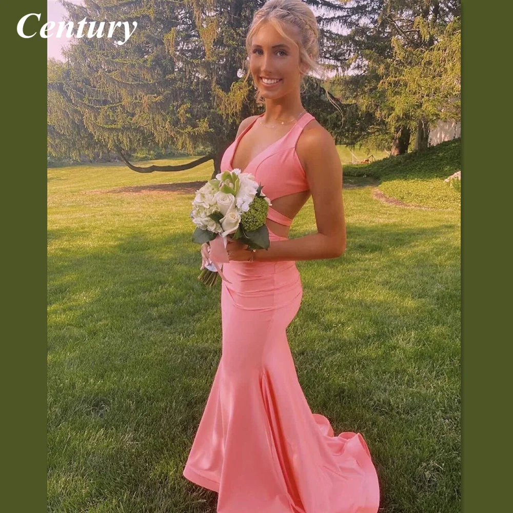 

Century V Neck Pink Prom Dresses Mermaid Court Train Prom Gowns Trumpet Charming Wedding Party Dresses Sexy Celebrity Dresses