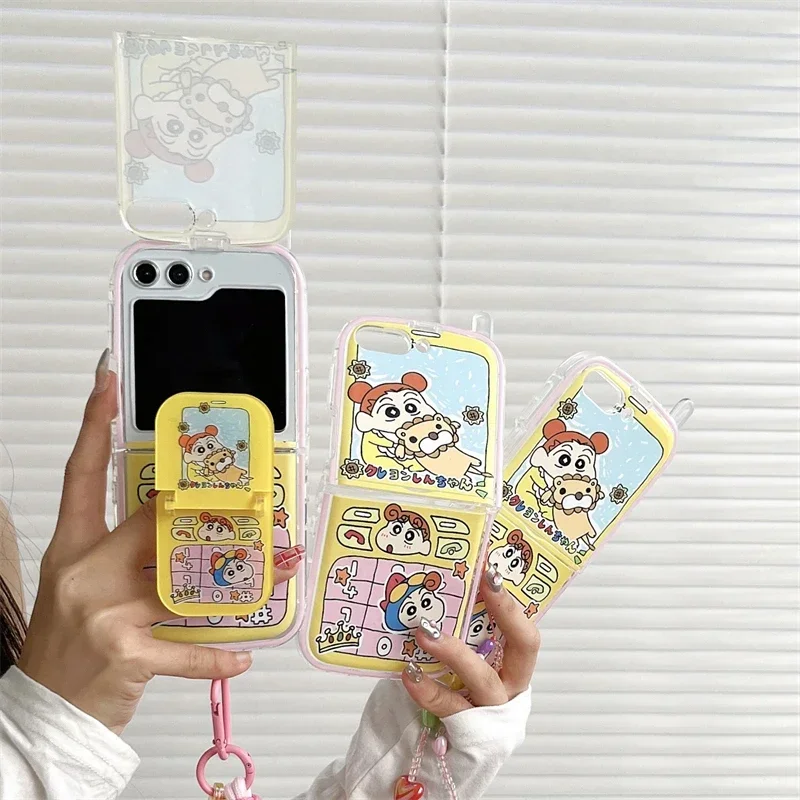 

Cute Crayons shinchans hand strap with stand Phone Case for Samsung Galaxy Z Flip 3 4 Hard PC Back Cover for Z Flip 5 Case Case
