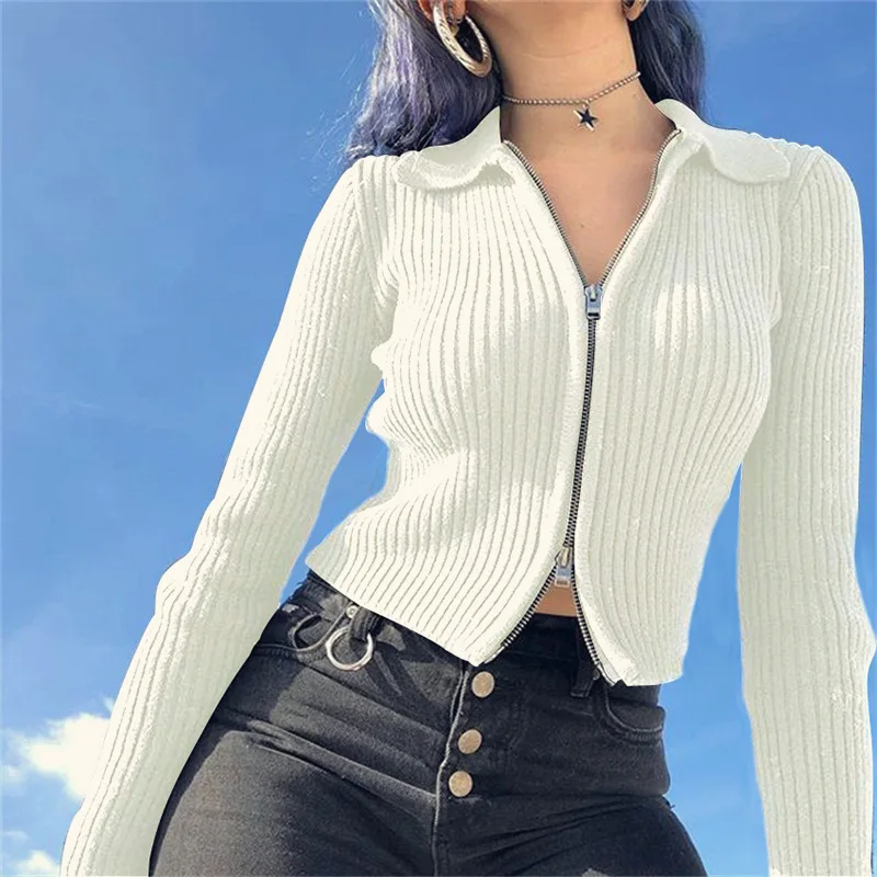 

Women 2021 Off White Ribbed Zipper Turn Down Collar Sweater Fall Winter Long-sleeved Solid Casual Crop Top Cardigan Coat Jumper