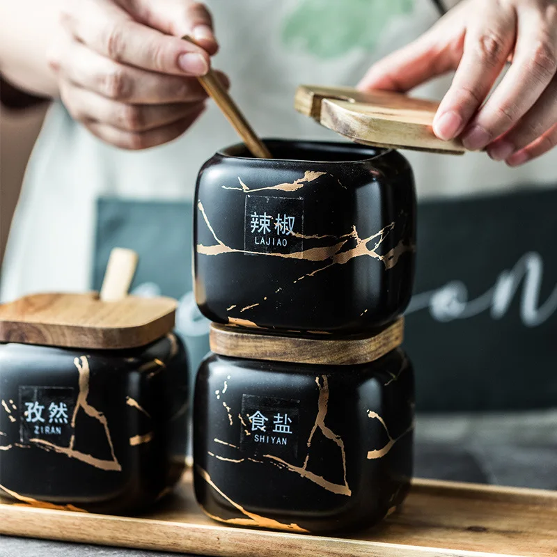 Семейная кухонная мраморная бутылка для хранения деревянная крышка шейкер соли