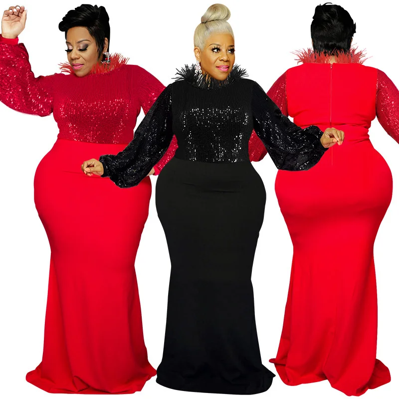 Plus Size Women Clothing Temperament Dresses Embroidery Sequined Beads Maxi Dress Elegant Trumpet Dresses Who 3xl 4xl 5xl 6xl