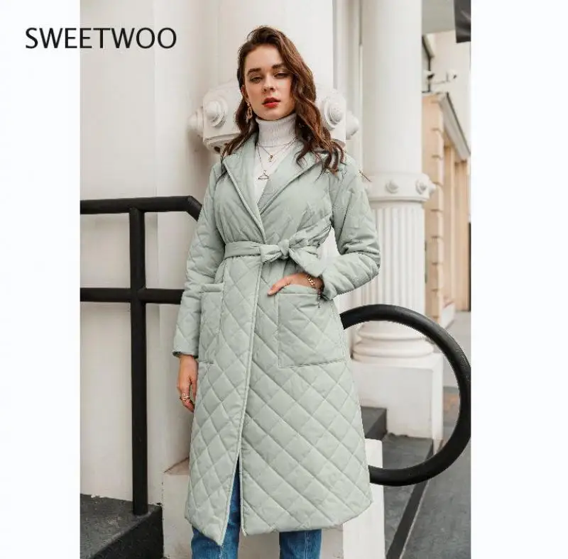 Long Straight Winter Coat with Rhombus Pattern Casual Sashes Women Parkas Deep Pockets Tailored Collar Stylish Outerwear