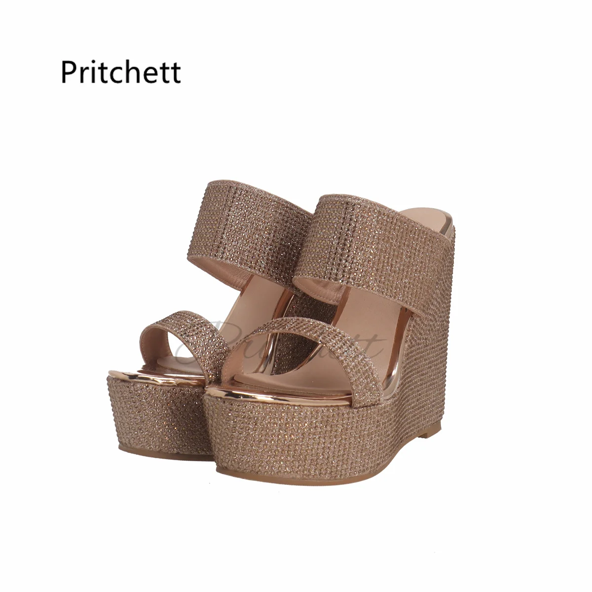 Double Strap Rhinestone Wedge Slippers for Women Bling Bling Platform Round Toe Summer Shoes Luxurious Design Women Sandals