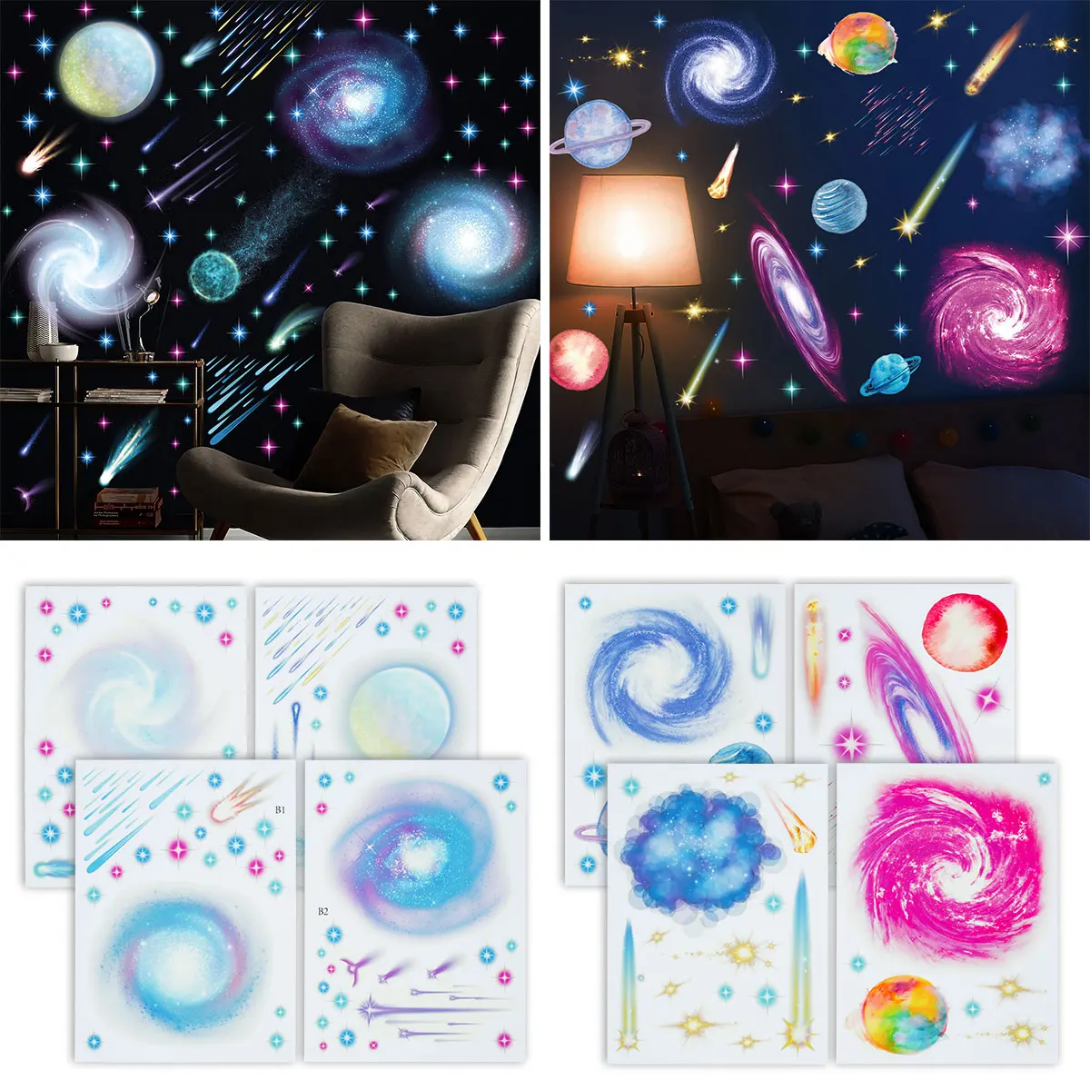 

Флуоресцентная Наклейка на стену, самоклеящаяся наклейка из ПВХ с изображением звезд, молочного пути, метеоритного душа