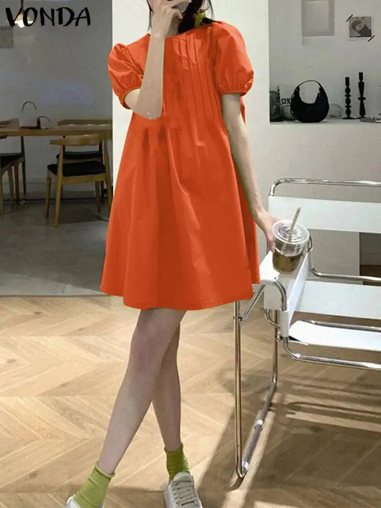 

Женское винтажное платье VONDA, летнее однотонное Плиссированное ТРАПЕЦИЕВИДНОЕ ПЛАТЬЕ с пышными рукавами, яркое женское платье большого размера, 2023