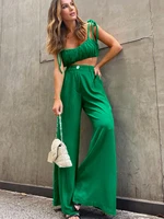 2022 summer new sexy camisole commuter pants loose cotton green slacks suit ladies two piece suit solid sleeveless wide leg
