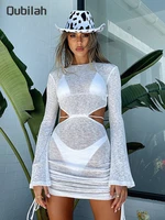 long sleeve backless dress woman see through sexy dress summer o neck beach holiday mini bodycon bandage dresses for women 2022
