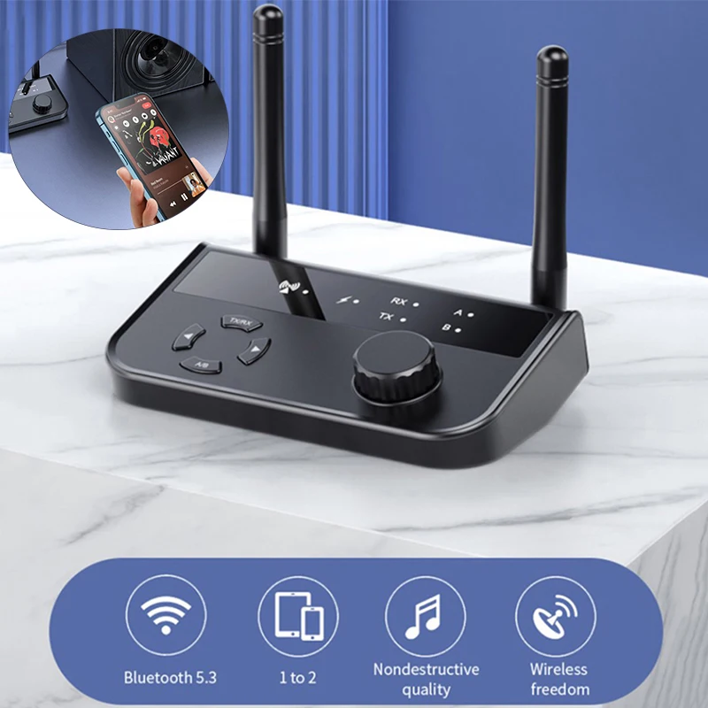 

Multipoint Bluetooth 5.3 Audio Transmitter Receiver 3.5mm AUX 2 RCA Stereo Music Wireless Adapter 2-IN-1 For Car TV PC Speakers