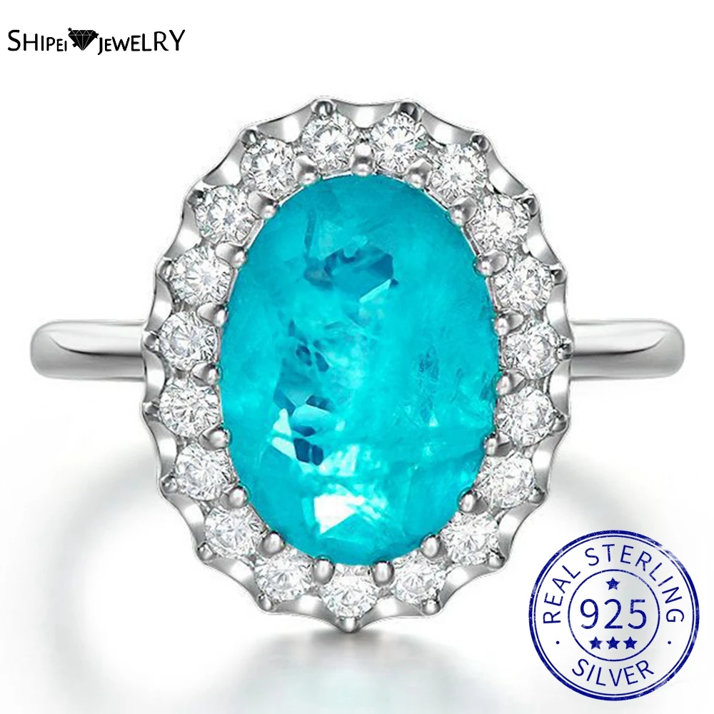 

Shipei 925 Sterling Silver Oval 10CT Paraiba Tourmaline Created Moissanite Gemstone Wedding Engagement Fine Jewelry Rings Gifts