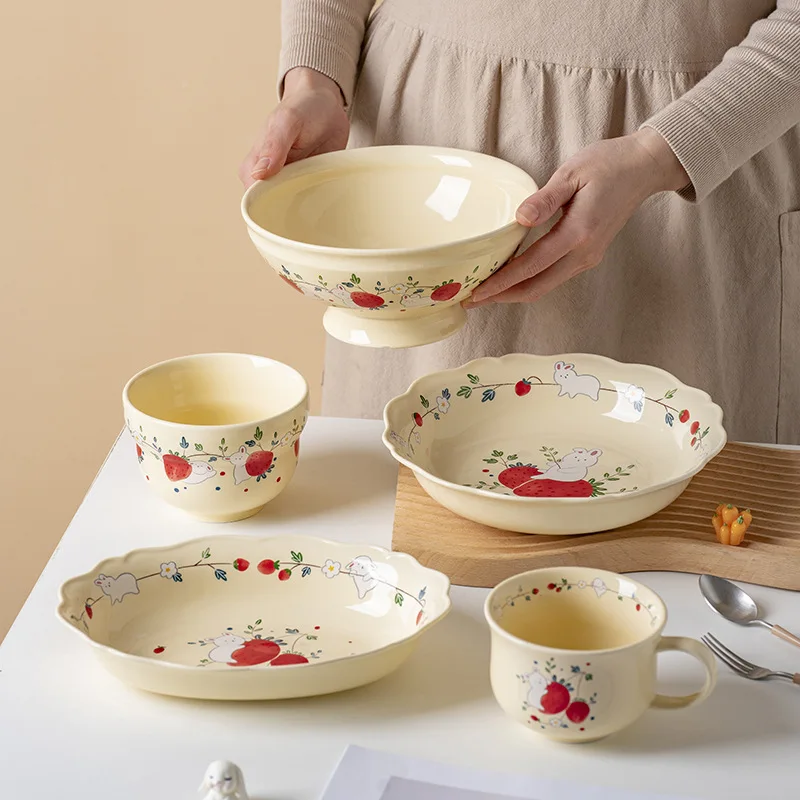 Creamy Rabbit Ceramic Dinner Plate Serving Dishes Bunny Coffee Mug Cup Ramen Soup Bowl Oatmeal Bowl Dishwasher Safe Dinnerware