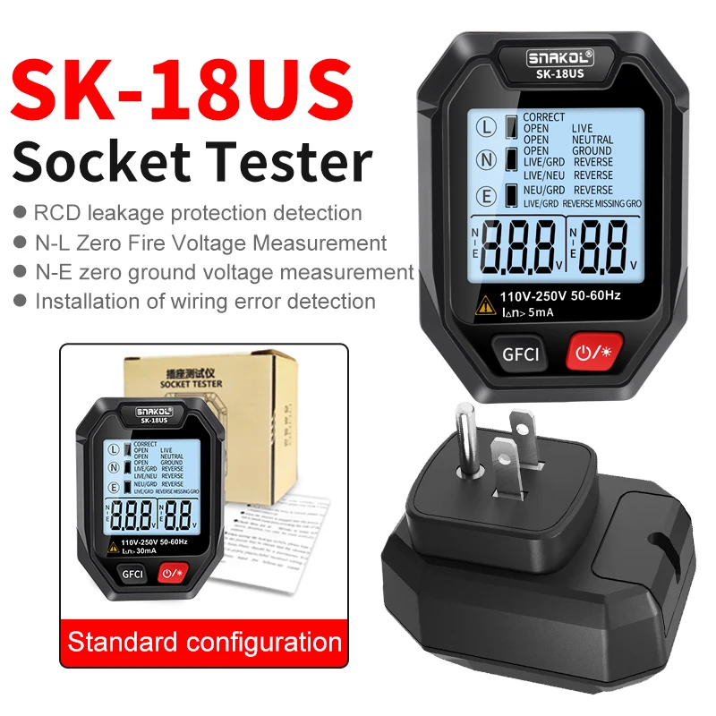 

Тестер SK18 для определения полярности штепсельной вилки стандарта EU/US/UK, большой ЖК-дисплей для диагностики проводки, дисплей напряжения, тест RCD