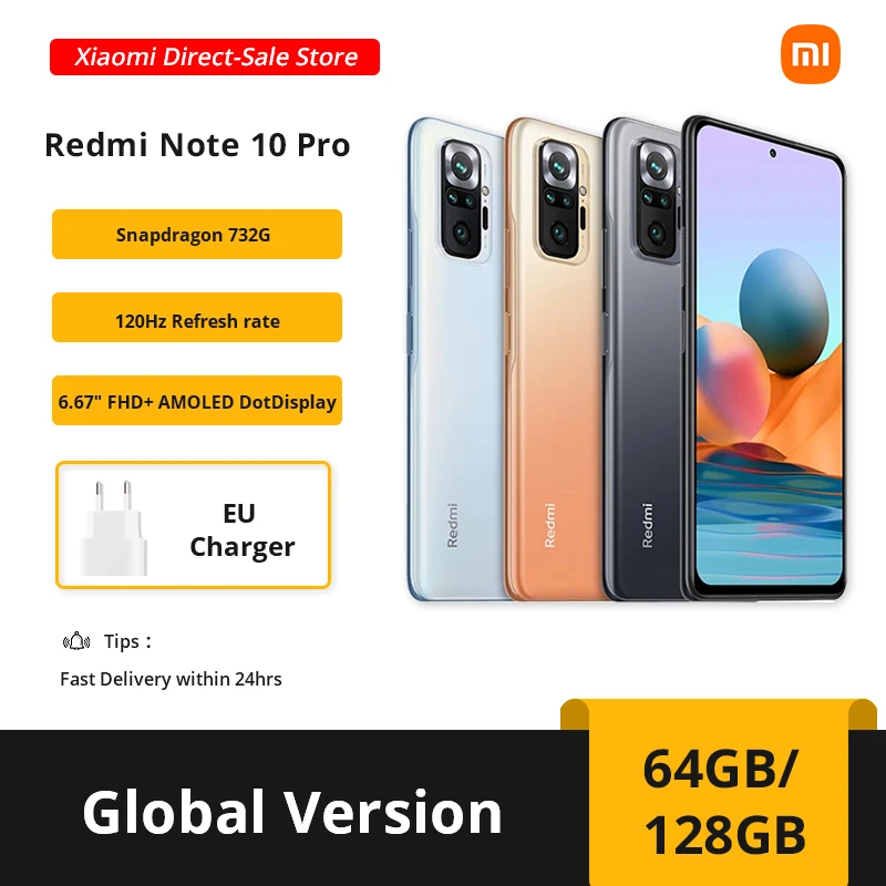 

Global Version Xiaomi Redmi Note 10 Pro Smartphone 120Hz 108MP Camera Snapdragon 732G 6.67" AMOLED Display