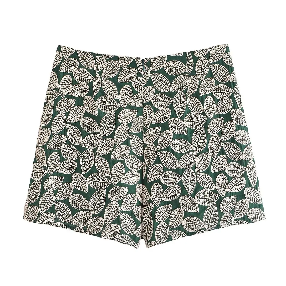 Elmsk  French Country Style Green Leaf Embroidery Casual High Waist Bermuda Fashion Summer Shorts Culottes Women