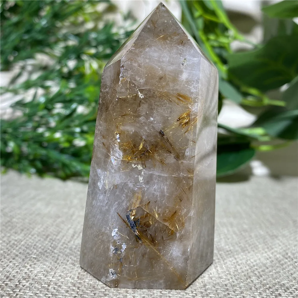 

Natural Gold Hair Crystal Tower Quartz Healing Stone FengShui Gift Specimen Reiki Wicca Wand Ornments For Home Decoration