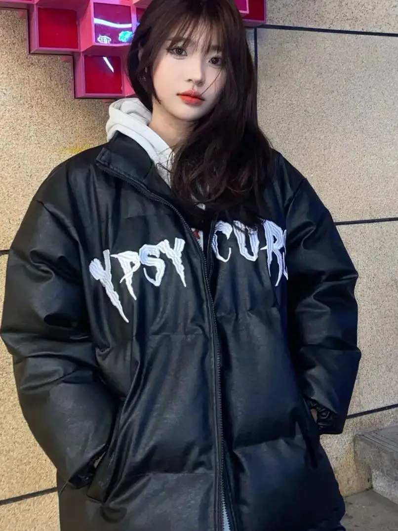 2024 Thick Warm Ins European and American Street Hip-hop PU Leather Cotton-padded jacket Outerwear Women's Winter Couple Swee...