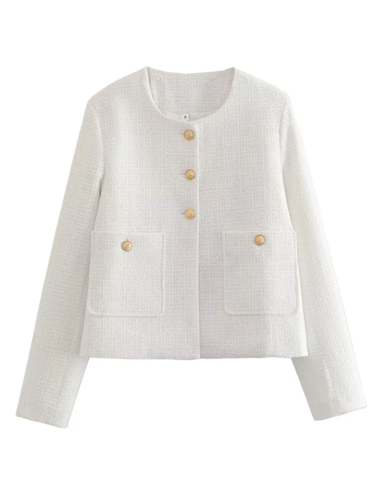 Женская короткая куртка с круглым вырезом однотонная офисная металлическими