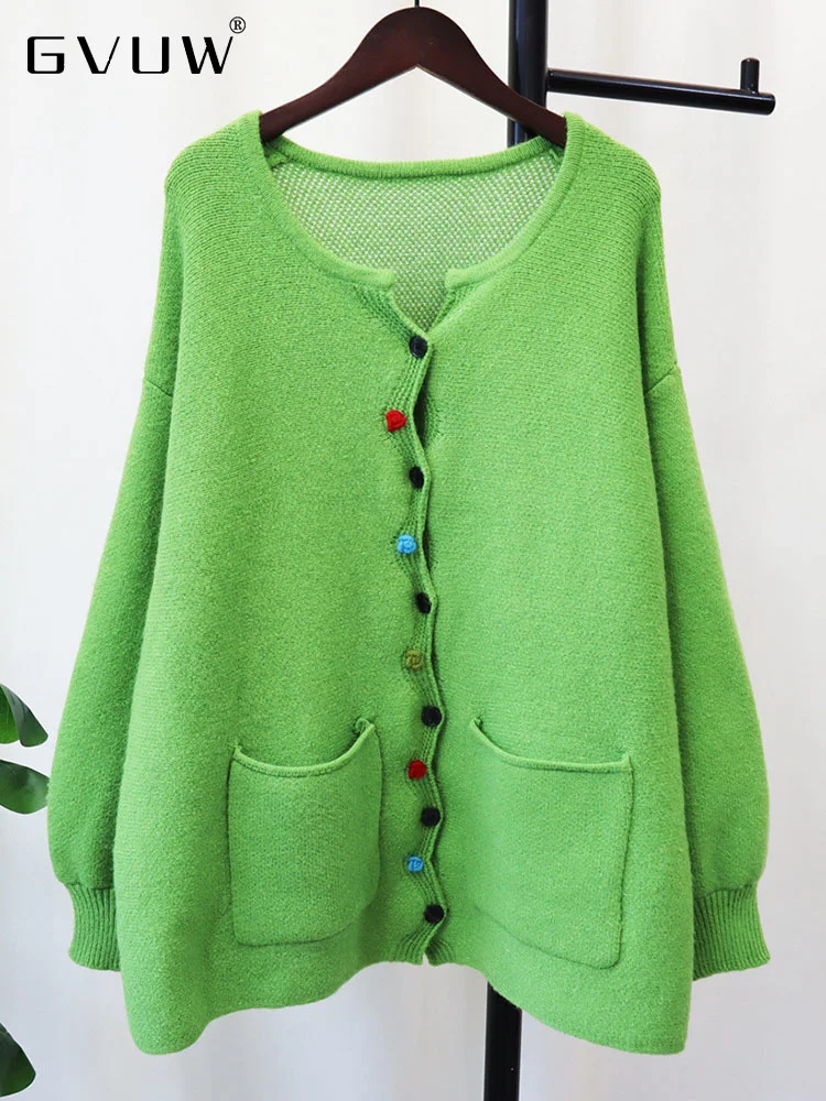 

GVUW Flower Buttons Knitted Cardigan Women's Autumn New 2023 Loose Elegant Solid Color V-neck Long Sleeve Sweater Female 17G2330