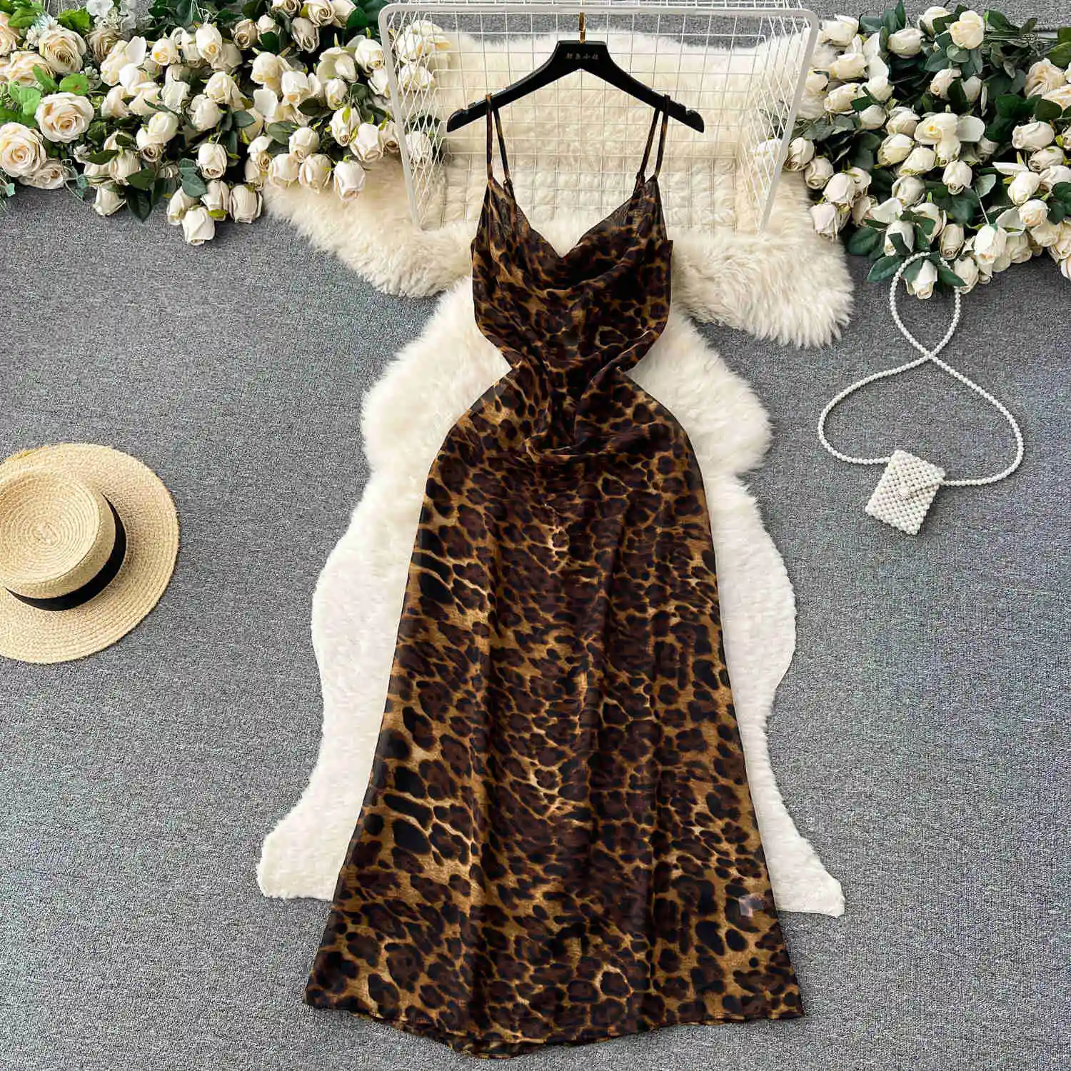 

Sexy See Through Leopard Print Sling Dress for Women Fashion Summer Sleeveless Lace-up Open Back A Line Party Beach Maxi Dress