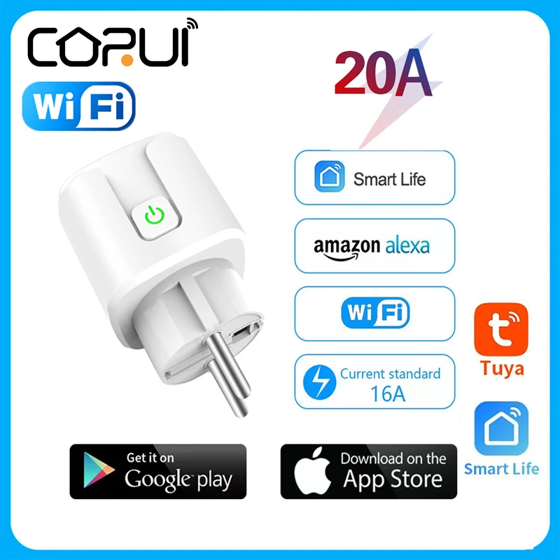 

CoRui 20A EU Plug WIFI Bluetooth Wireless Remote Socket Smart Timer Plug Voice Control Home Fire Retardant Outlet Socket Timer