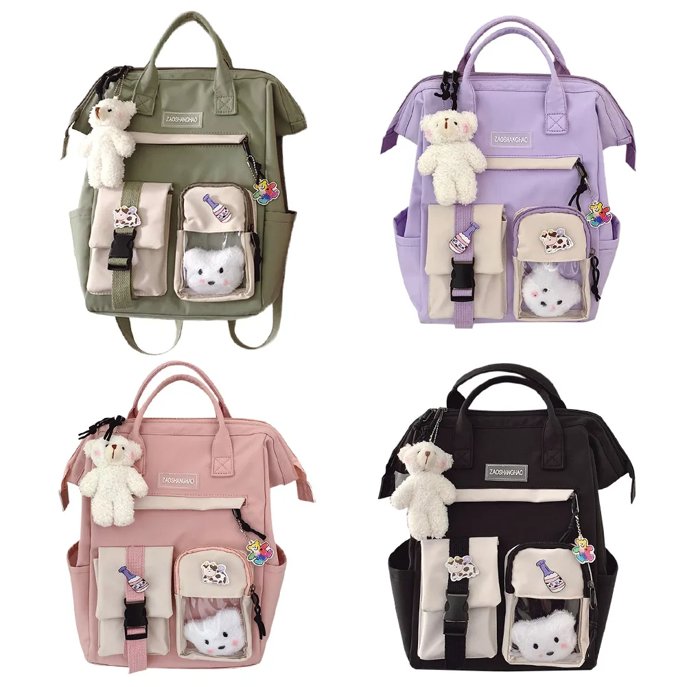 

Nylon Laptop Backpack Large Capacity Fashion Women Work Bookbags Casual Zipper Preppy Style Casual Backpack Cute with Badge Bear