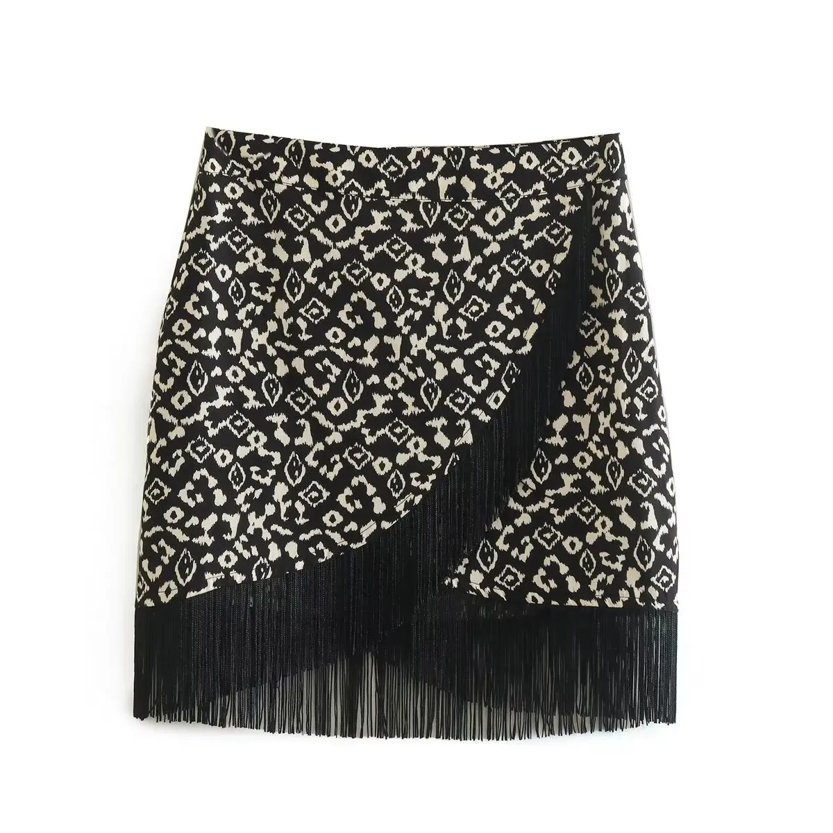 

Women 2023 spring New Chic Fashion Fringed ornament Double lapel print Skirt Vintage High Waist Side Zipper Female Skirts Mujer