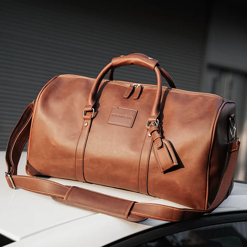 High Quality PU Leather Travel Bag Men Large Capacity Handbag Retro Luggage Bag With Shoe Pocket Male Casual  Duffle Bag