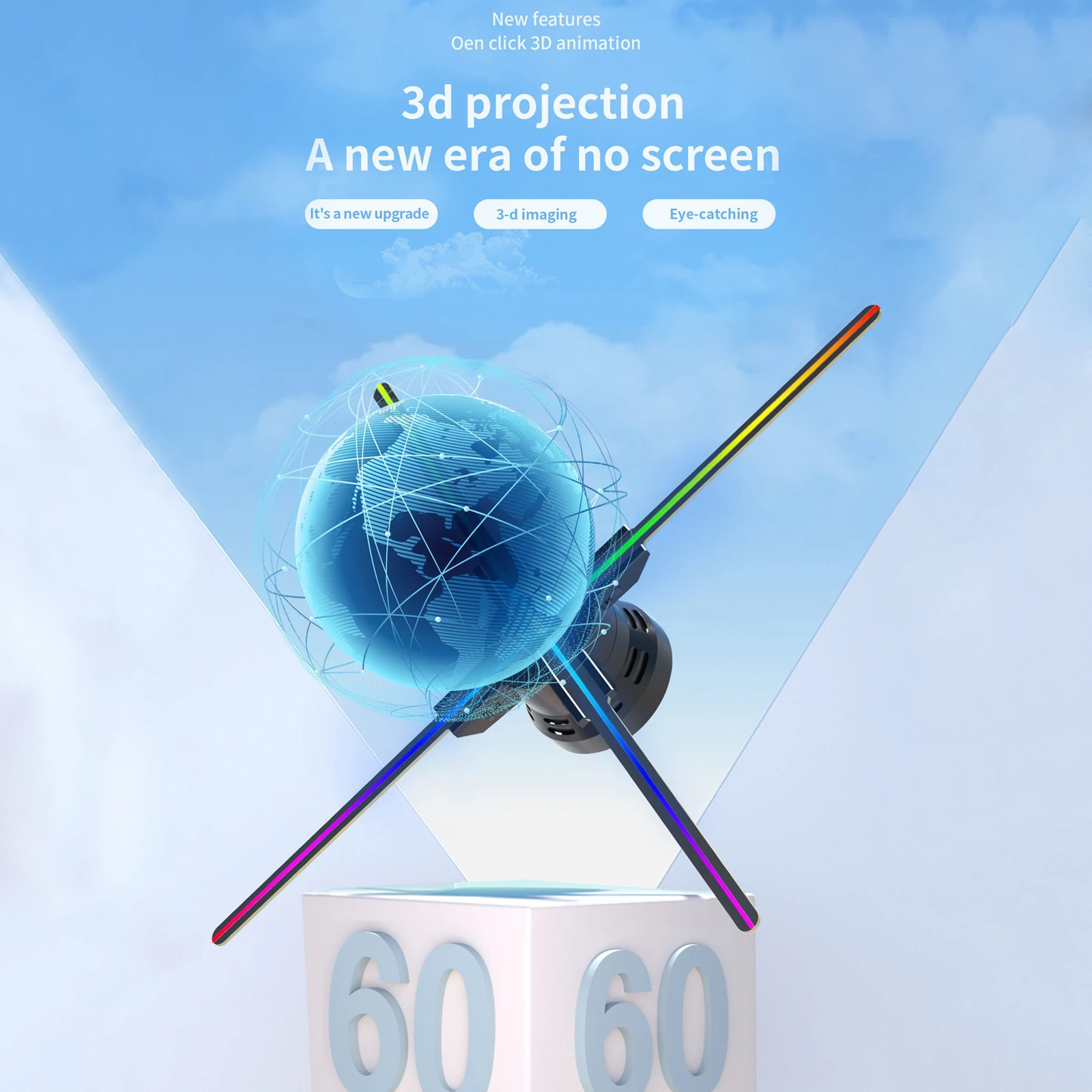 

Голографический 3D проектор 60 см/23,62 дюйма 720 светодиодный светильник с бусинами WIFI загрузка фотографий и видео, дисплей, рекламный знак, свет...