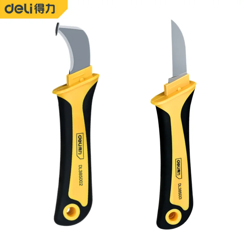 Deli 1Pcs Electrician Cable Stripper Knife Stainless Steel Hook Knife ABS Plastic Handle Straight Bend Knife Portable Hand Tools
