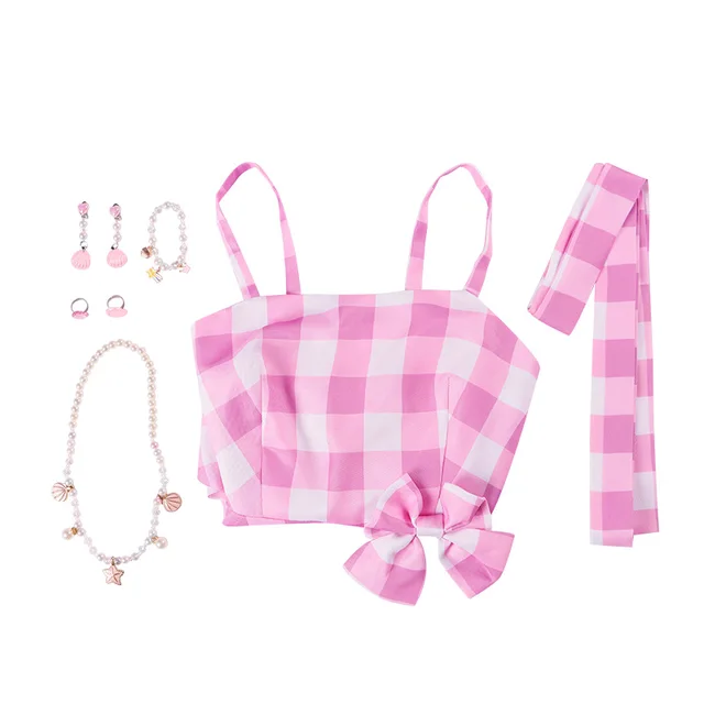 Barbie Movie Cosplay Costume - Pink Plaid Slip Sleeveless Dress 6